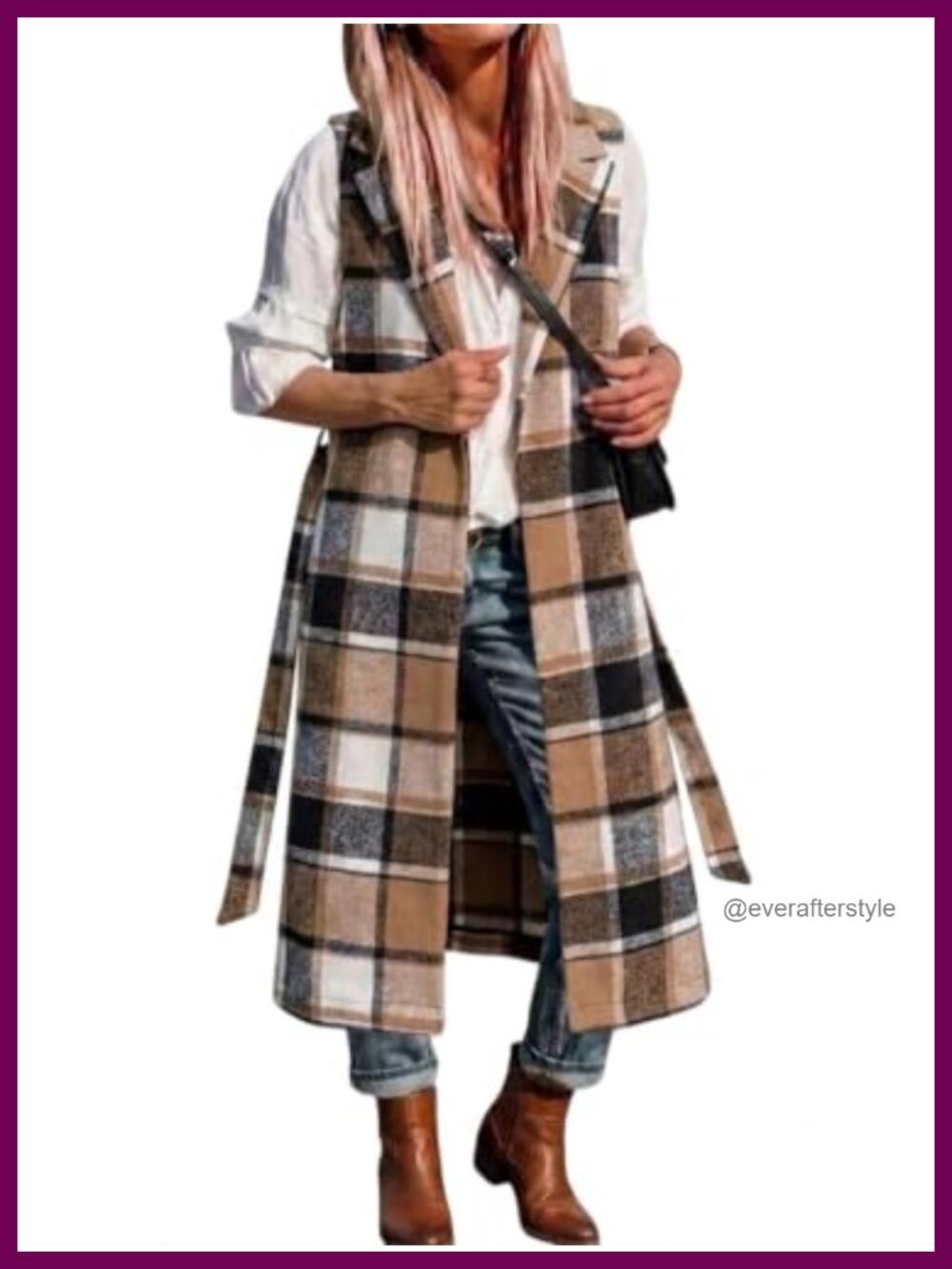 Womens Long Plaid Wool Blend Vest Sleeveless Open Front Belted